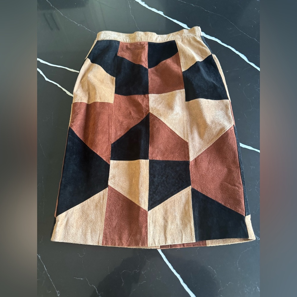 Vintage Margaret Godfrey Leather Geometric Patchwork Skirt - Black, Brown, Tan